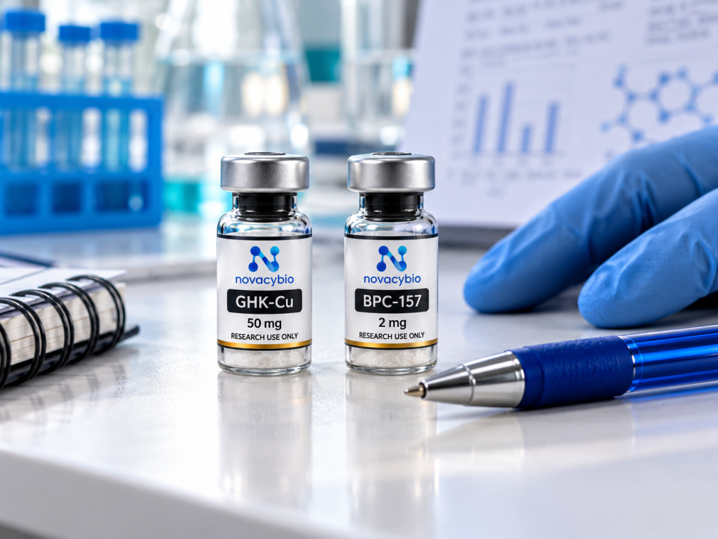 Small GHK-Cu 50 mg and BPC-157 2 mg research vials beside a pen.