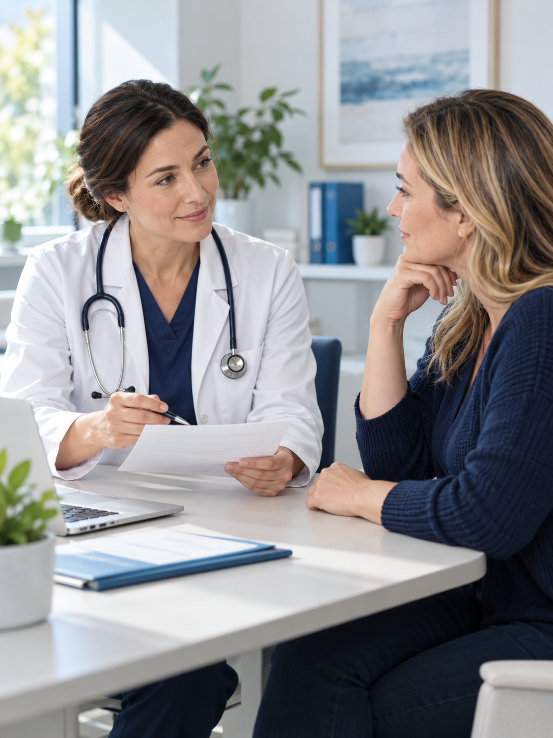 A patient discussing individual treatment questions with a healthcare professional.