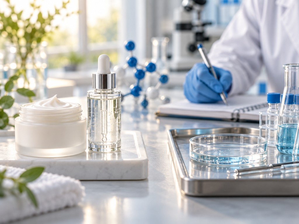 Finished skincare products in a separate area from research notes and sample dishes.