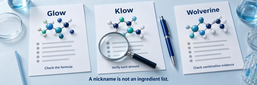 Glow, Klow and Wolverine names alongside reminders to verify formula, quantities and combination evidence.