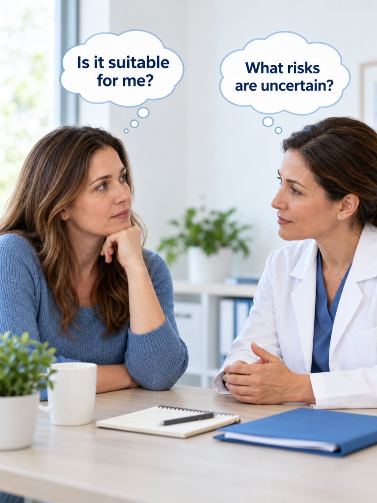 Questions about suitability and uncertain risks during a healthcare consultation.
