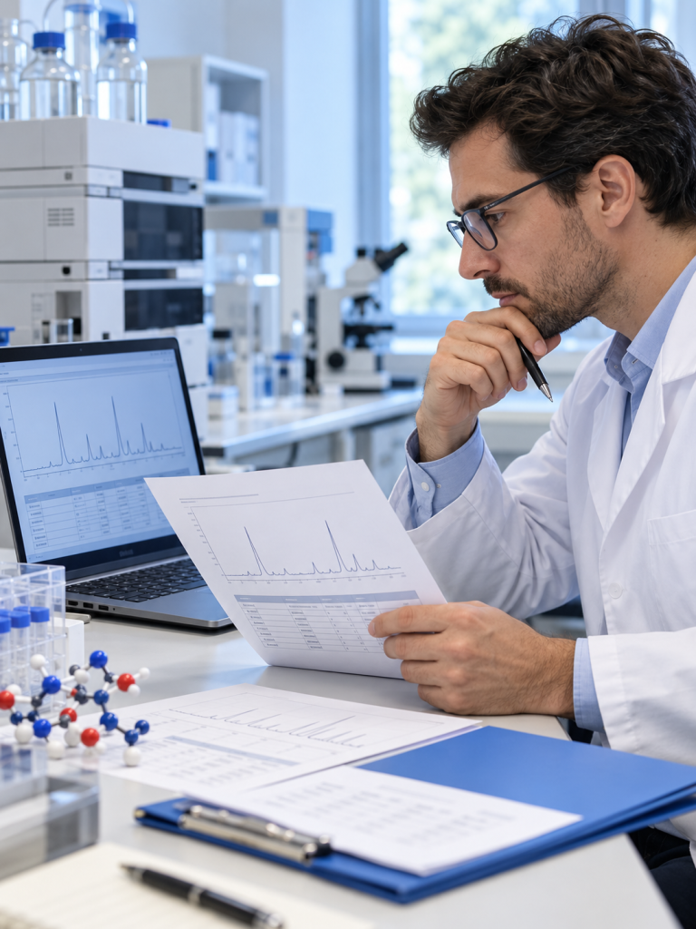 A researcher comparing analytical records and batch documentation.