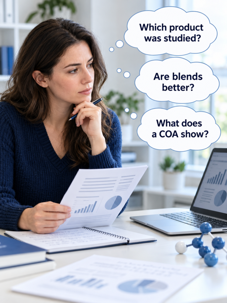 A reader asking which product was studied, whether blends are better and what a COA shows.