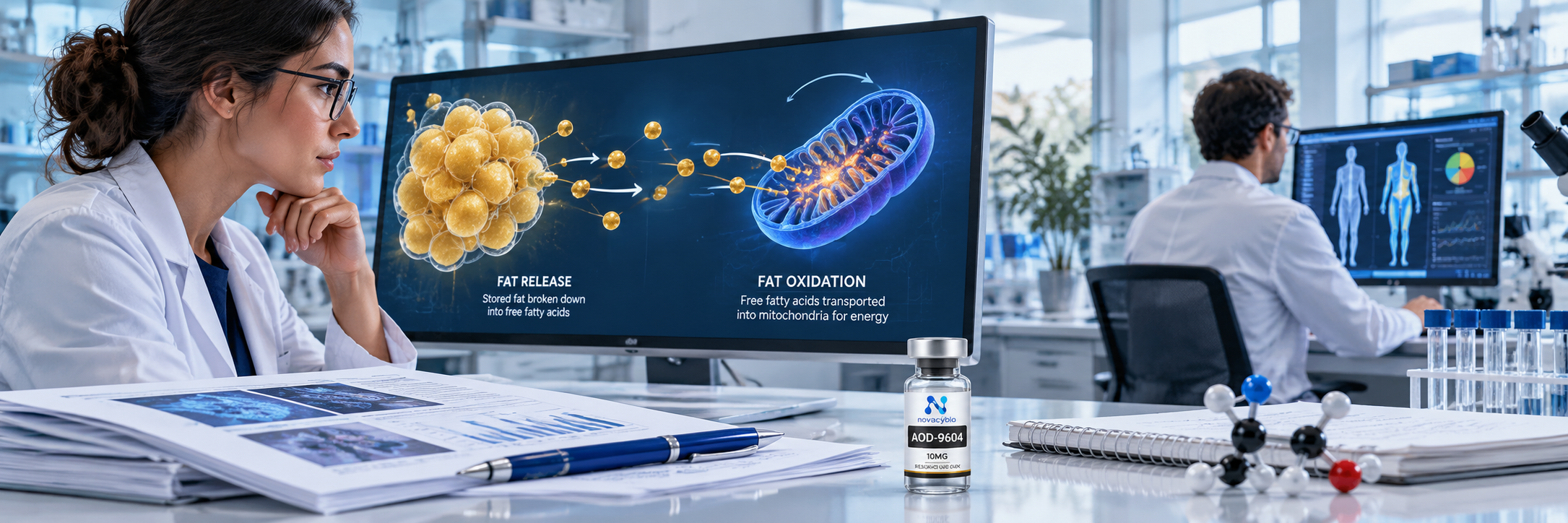 A scientist reviewing fat-release and oxidation concepts, with a separate AOD-9604 10MG research vial.