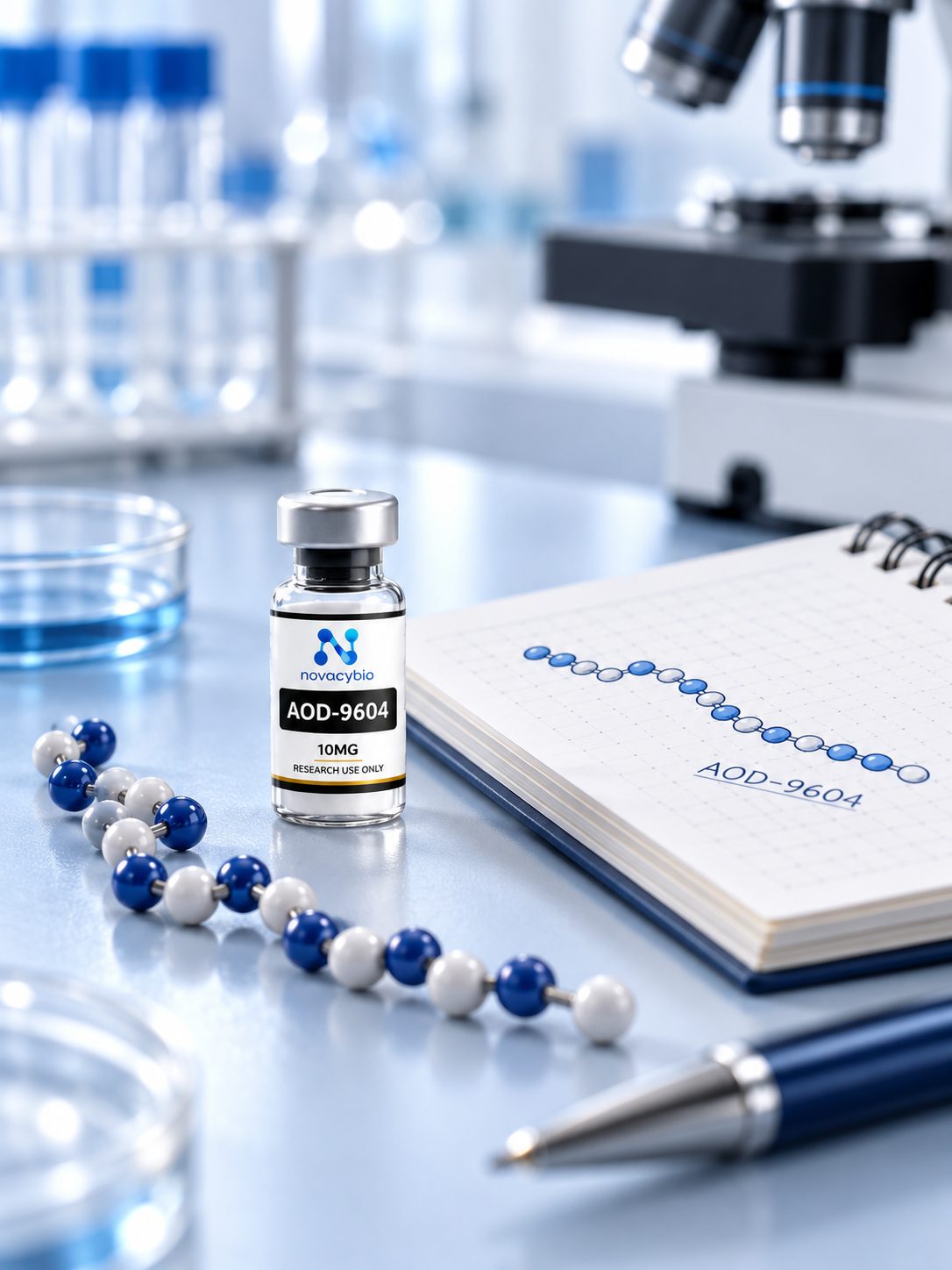 An AOD-9604 10MG research vial beside a peptide teaching model and notebook.