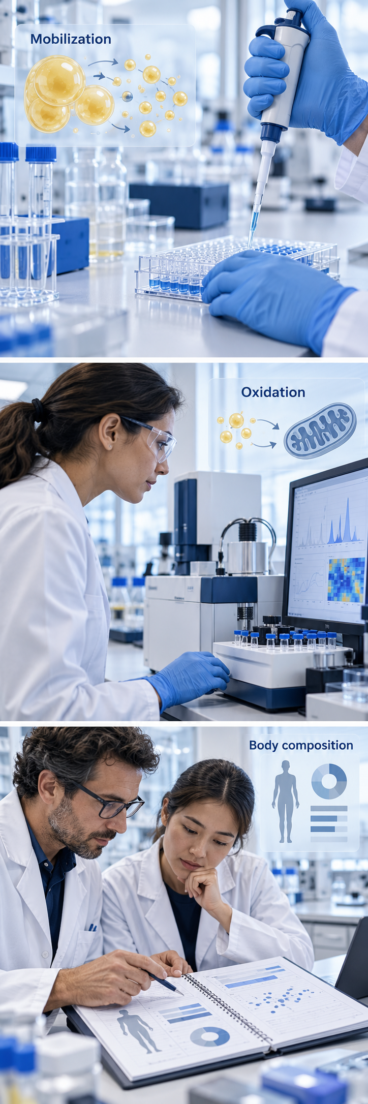 Laboratory scenes illustrating mobilization, oxidation and body-composition research.