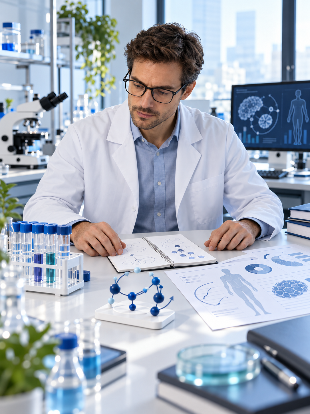 A researcher considering metabolic markers, pathway models and body-composition measurements separately.