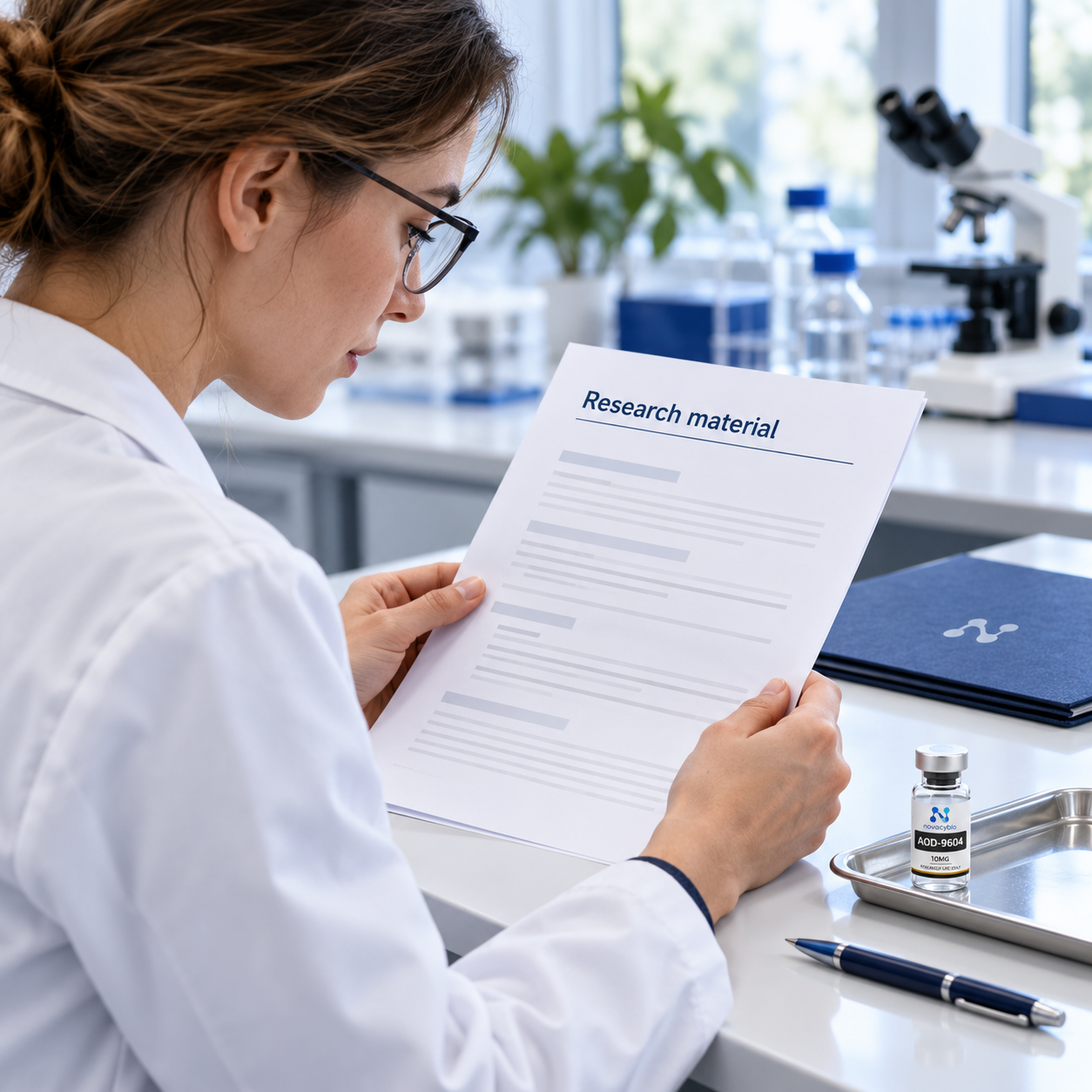 A reviewer checking research material documentation beside a small AOD-9604 10MG vial.