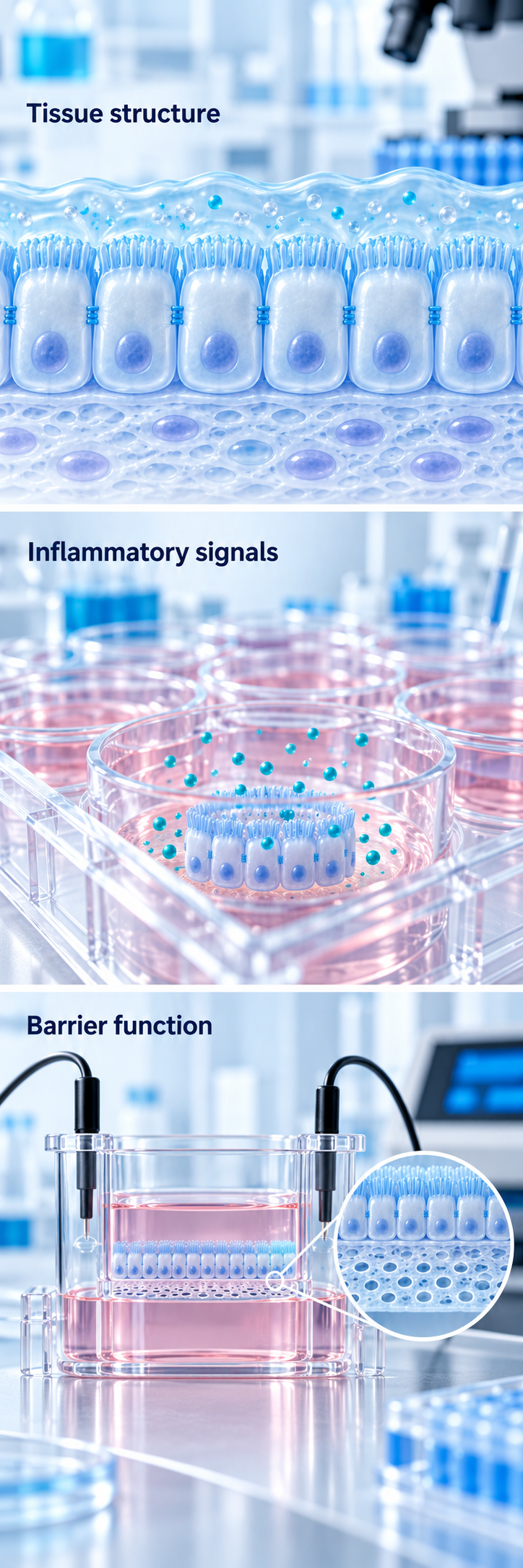 Illustrative tissue structure, inflammatory signals and barrier-function research.
