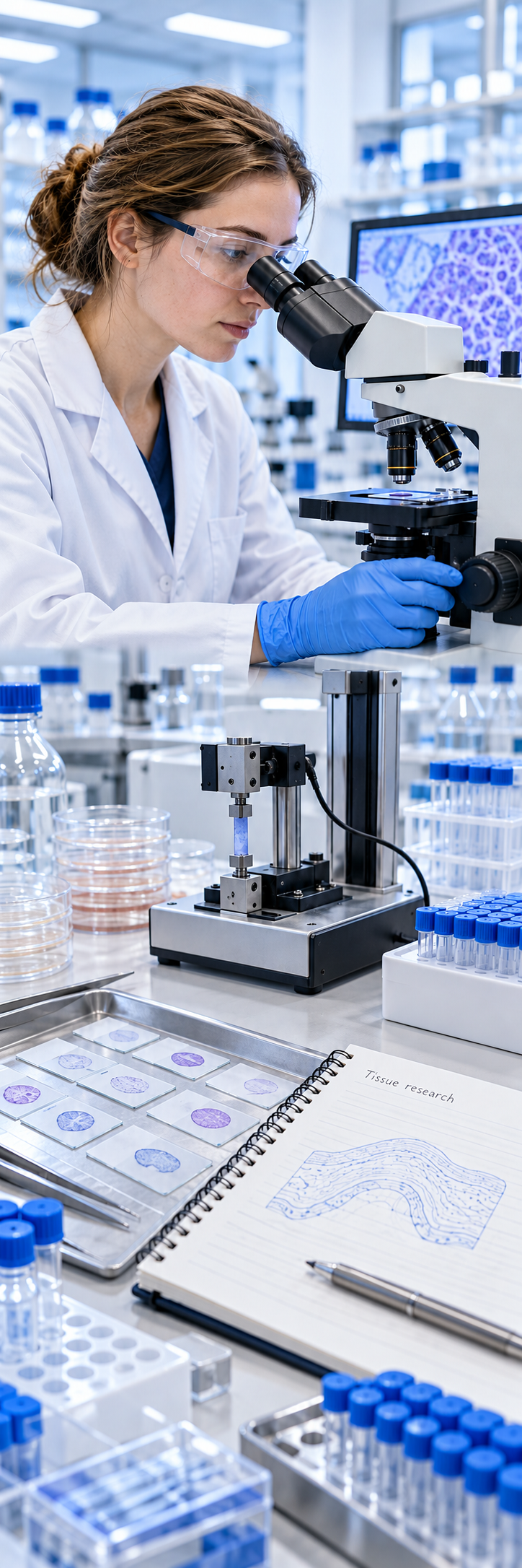 A researcher examining tissue samples and laboratory measurement tools.