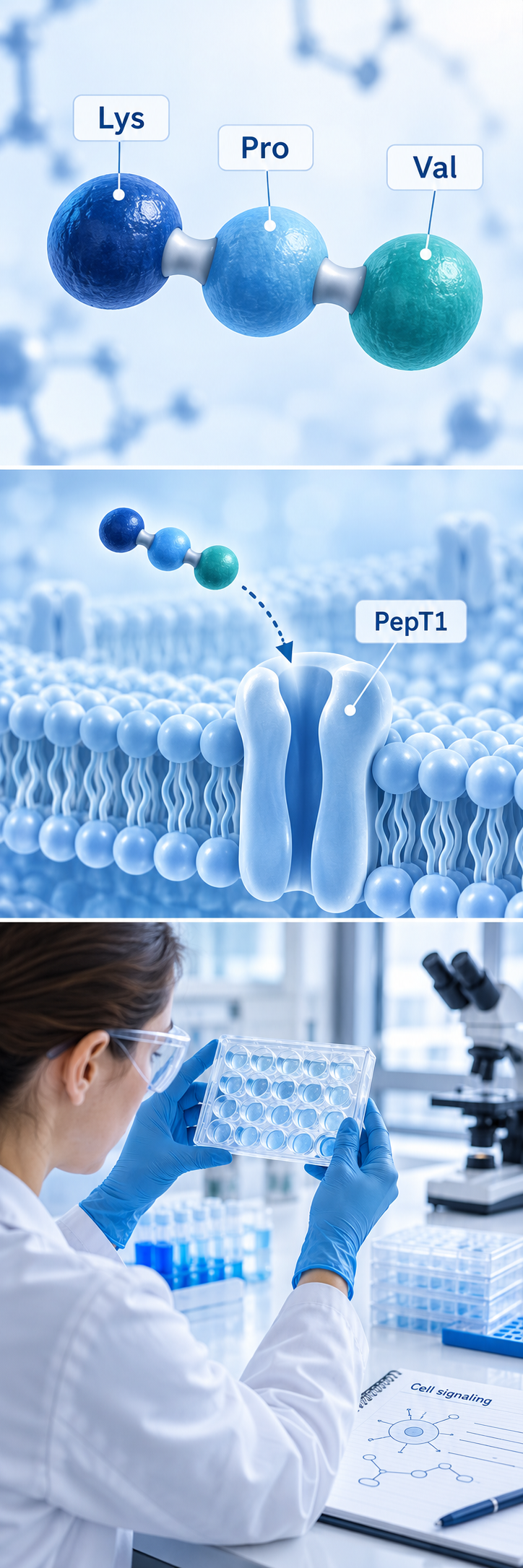 A simplified KPV tripeptide, PepT1 uptake concept and cellular research scene.