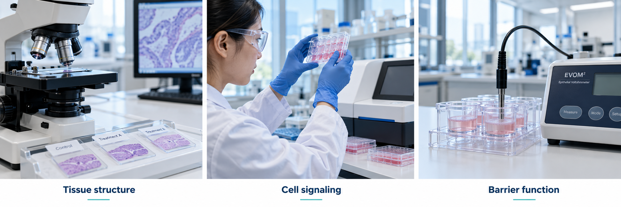 Different experimental endpoints: tissue structure, cell signaling and barrier function.