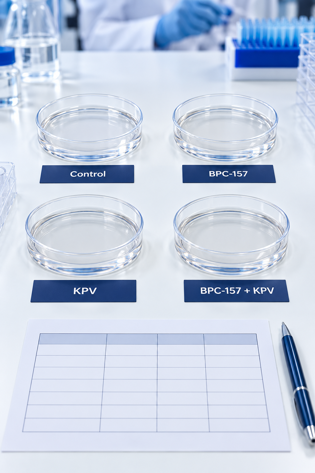 A proposed neutral comparison of control, BPC-157, KPV and the combination; no results shown.