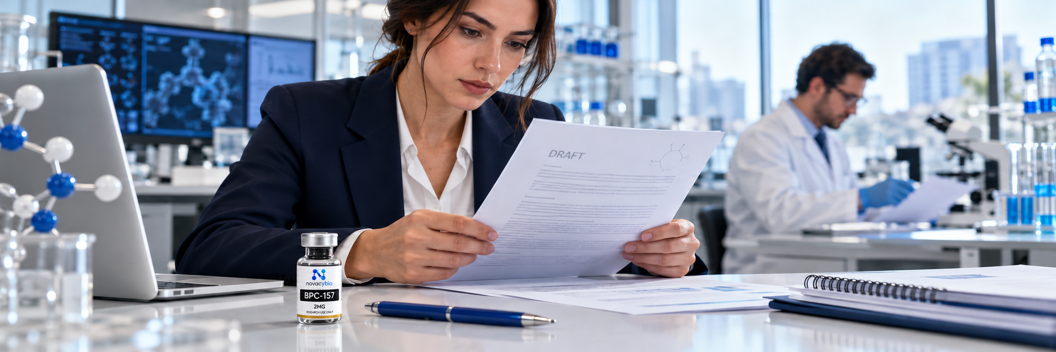 BPC-157 2MG research vial beside a pen and an illustrative draft-policy review in a laboratory setting.