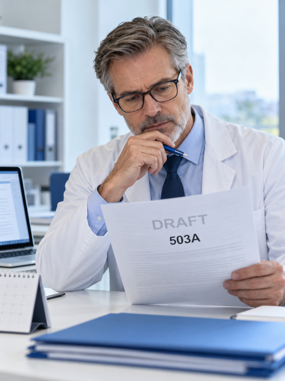 A professional examining an illustrative draft 503A policy document.