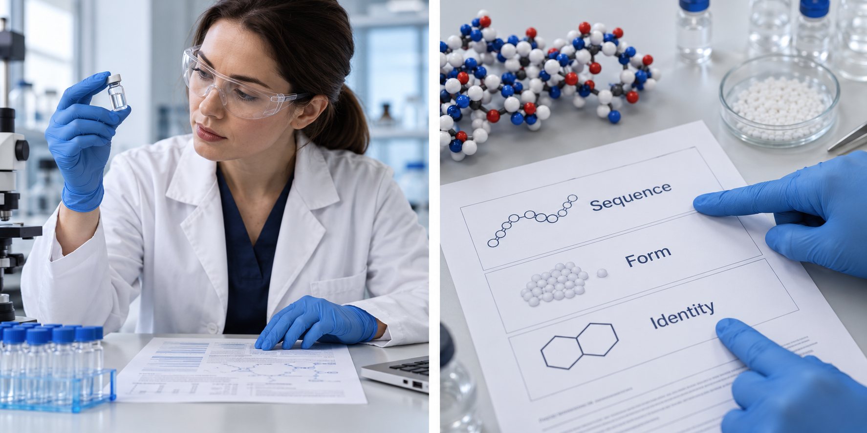 A reviewer comparing material sequence, form and identity on an illustrative specification sheet.