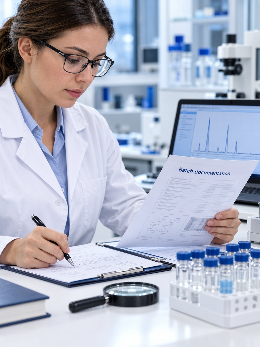 A scientist reviewing illustrative batch documentation.