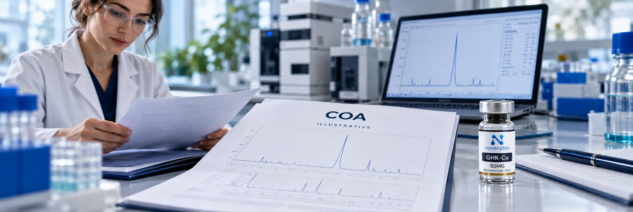 A scientist reviewing an illustrative COA beside a GHK-Cu 50 mg research vial.
