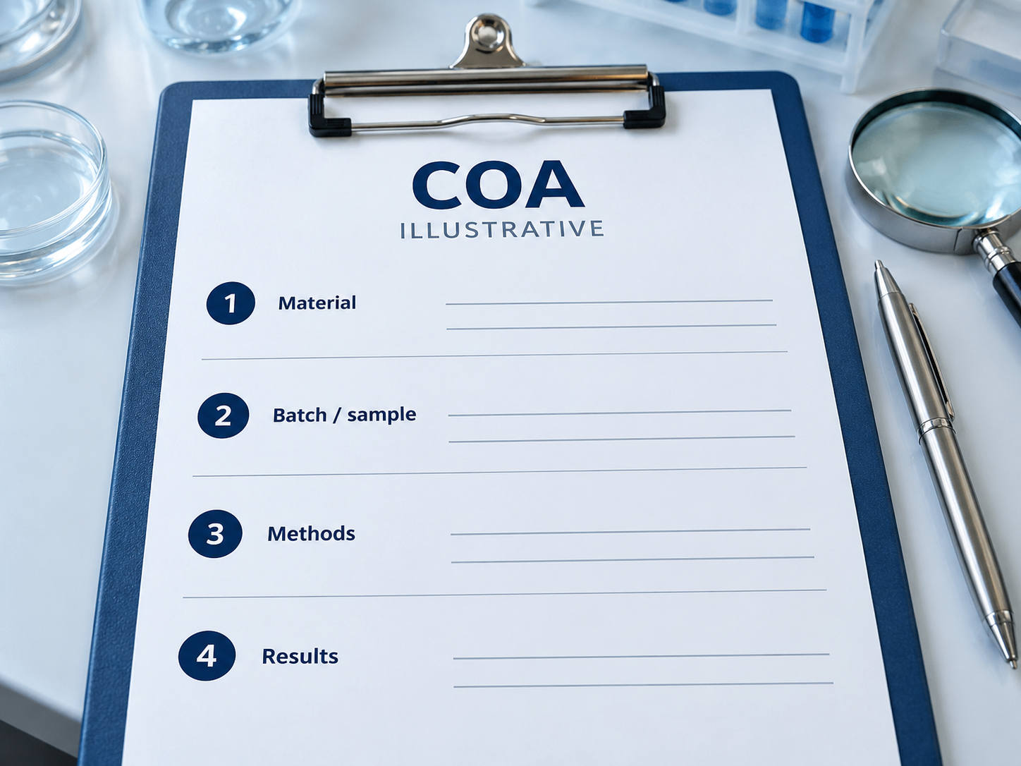 Four illustrative COA fields: material, batch or sample, methods, and results.