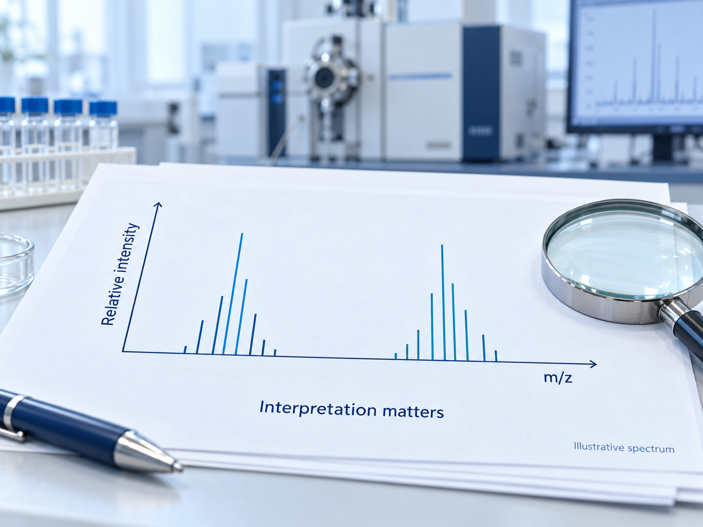 Illustrative mass spectrum with relative intensity plotted against mass-to-charge ratio.