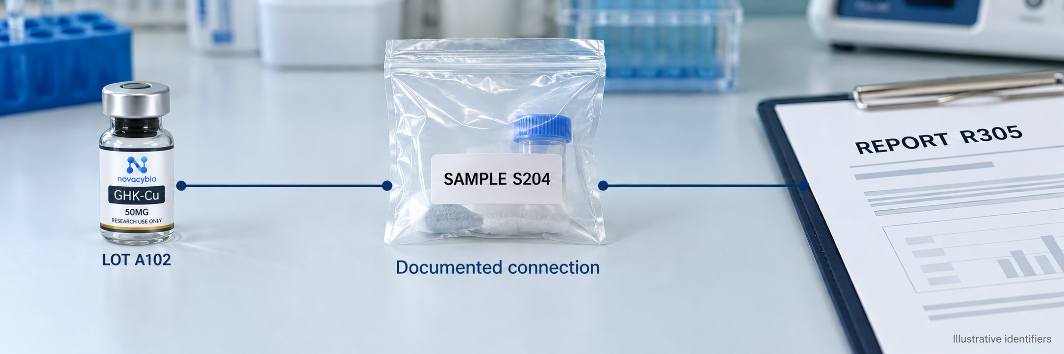 Documentation connects lot A102, sample S204 and report R305.