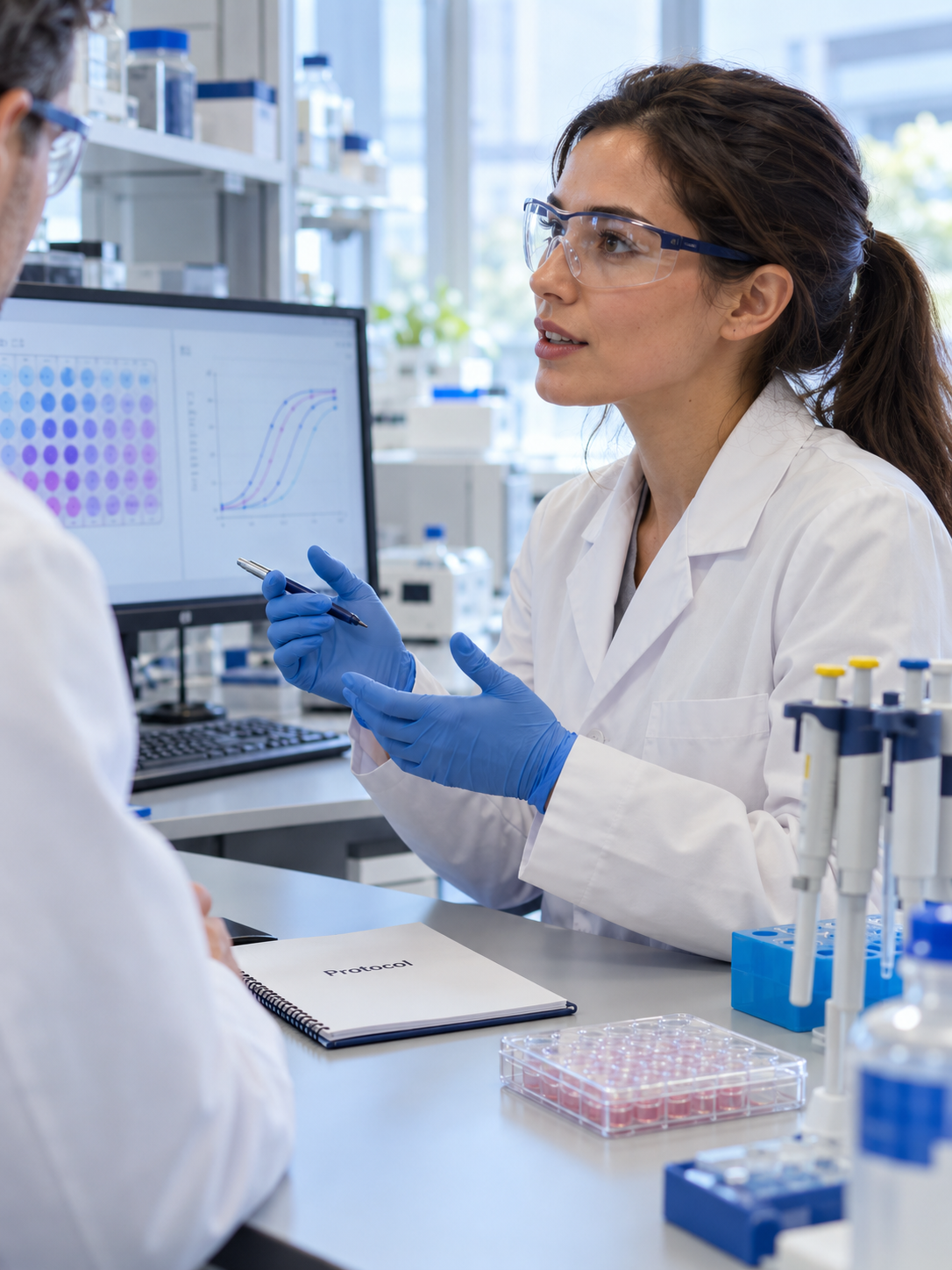 Researchers discussing testing requirements for an experimental protocol.