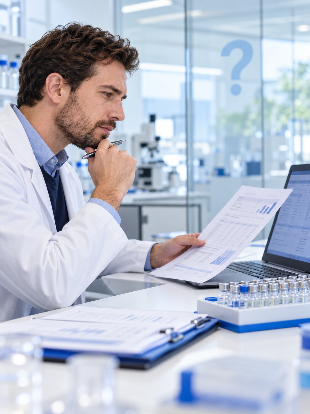 A research buyer reviewing supplier documents and questions.