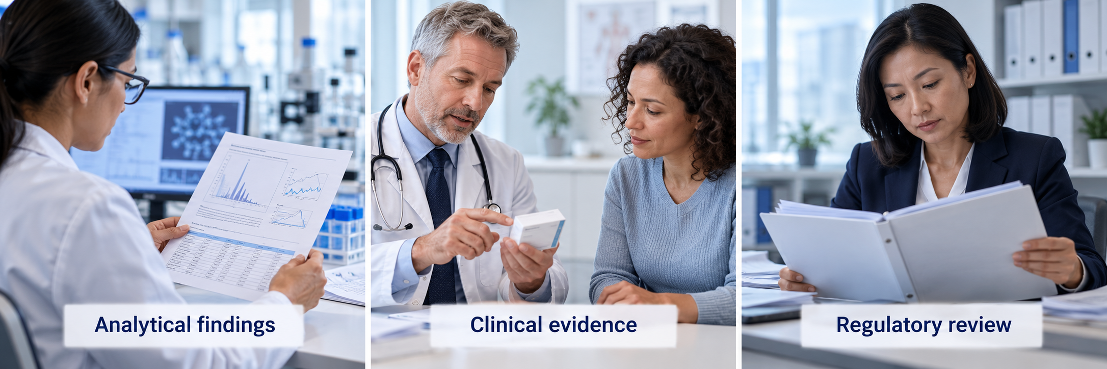 Analytical findings, clinical evidence and regulatory review are distinct.