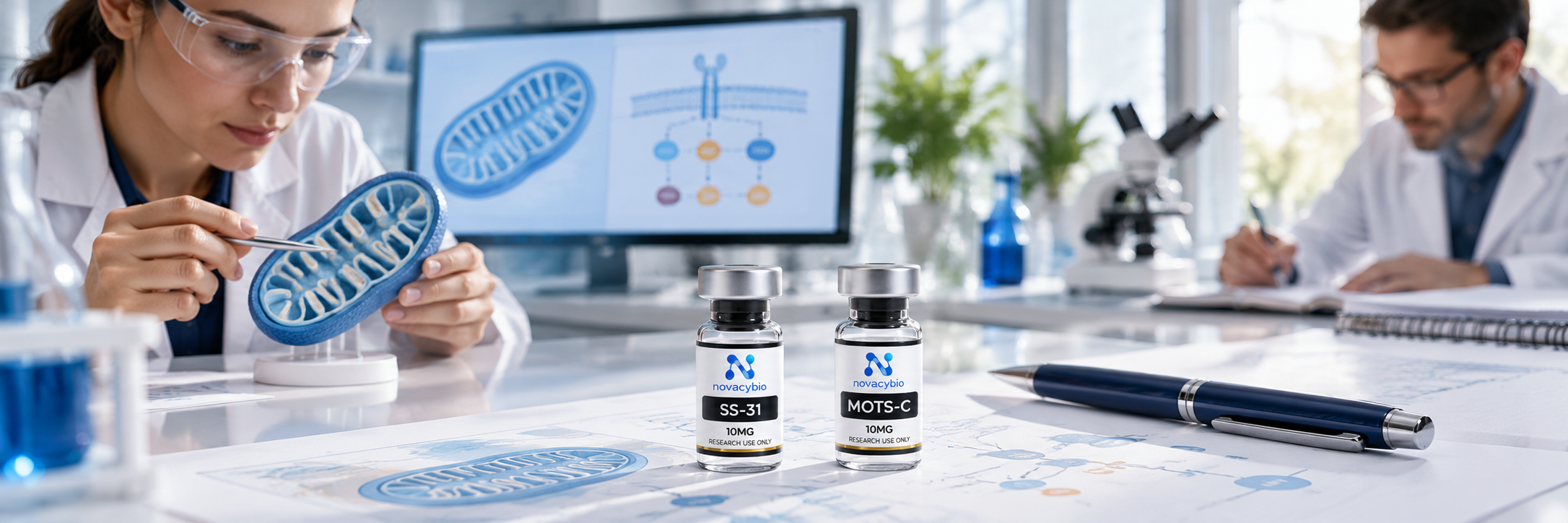 Separate SS-31 10MG and MOTS-C 10MG research vials in a laboratory.