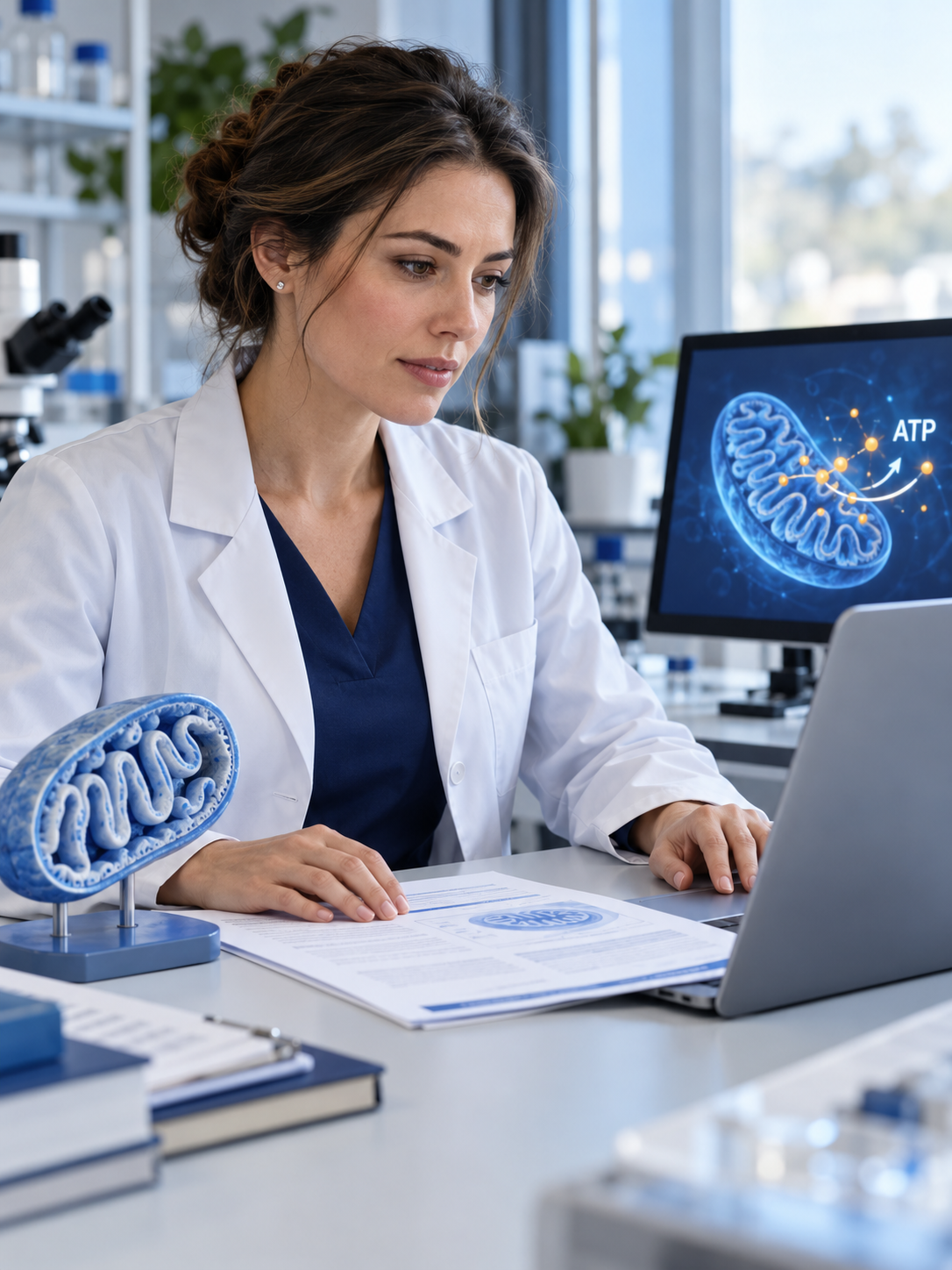A scientist examining mitochondrial energy-capacity research.