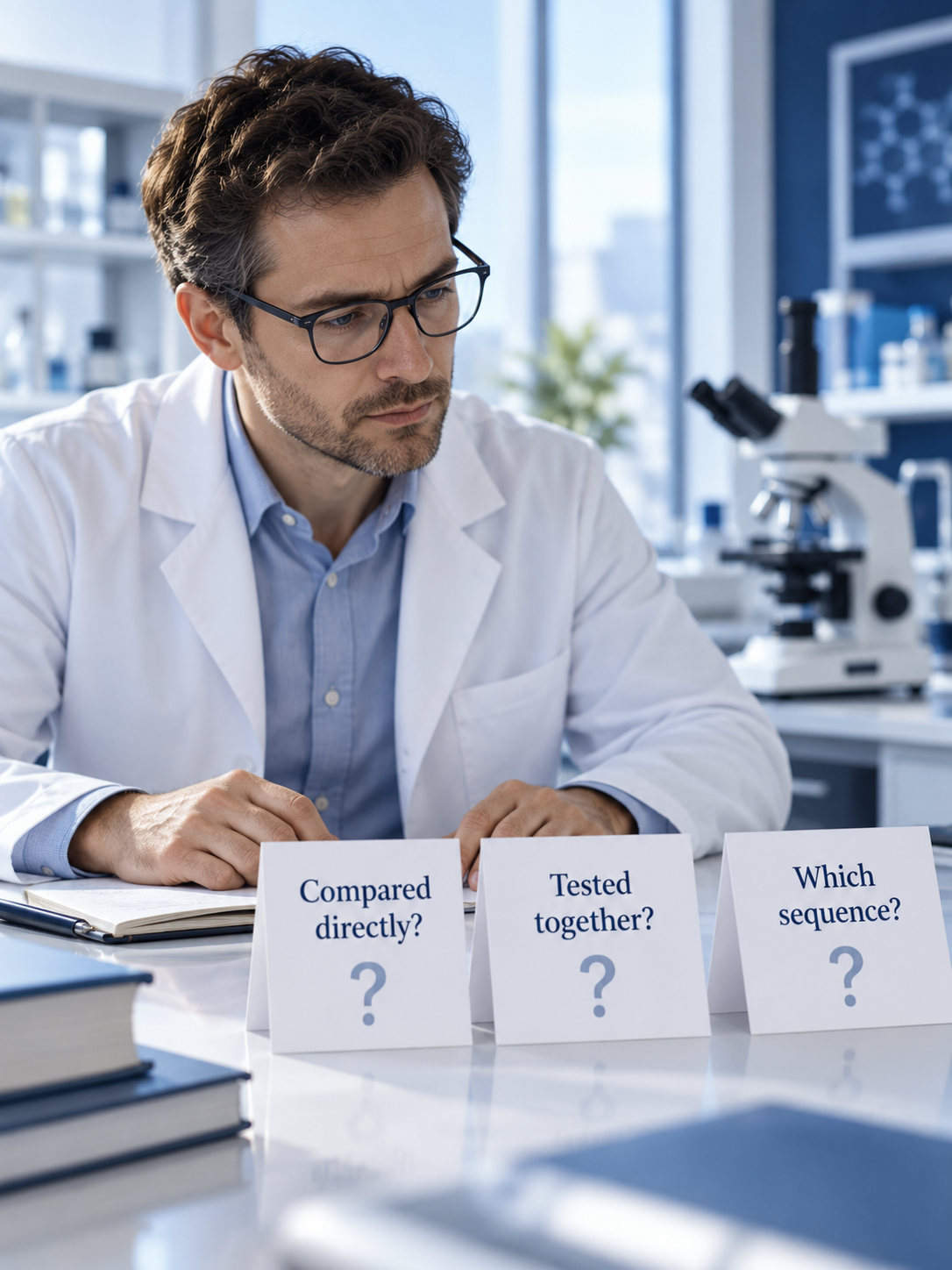 A researcher asking questions about direct comparison, combination and sequence.