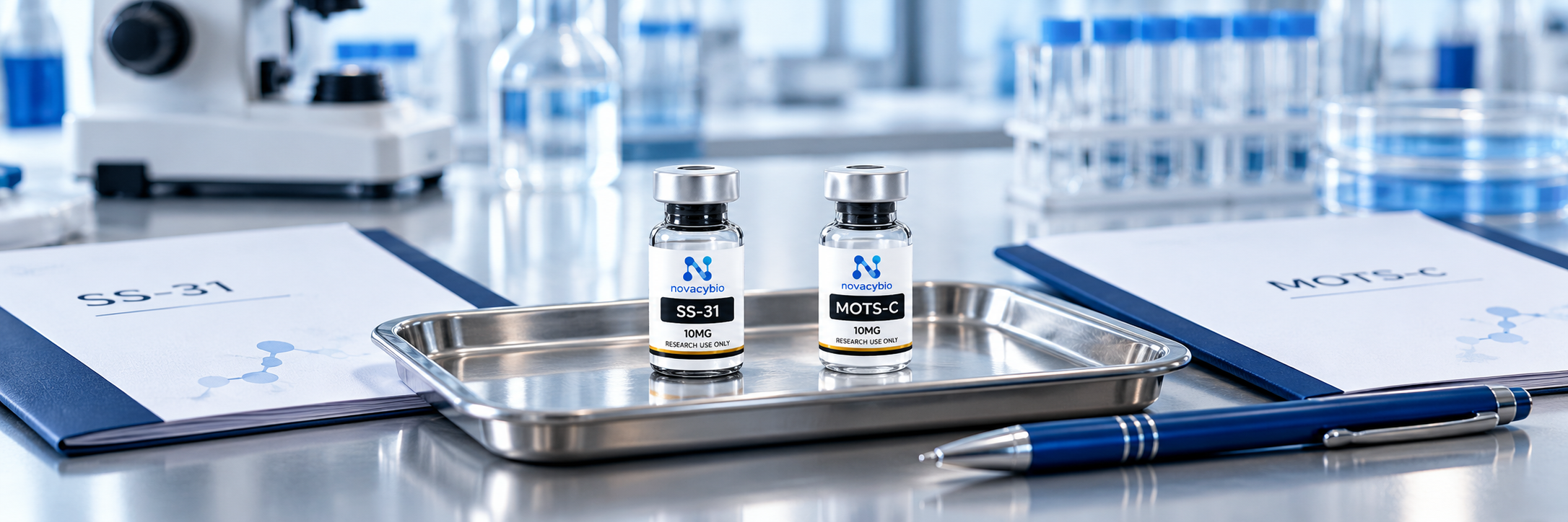 Separate SS-31 10MG and MOTS-C 10MG research vials with specification folders.