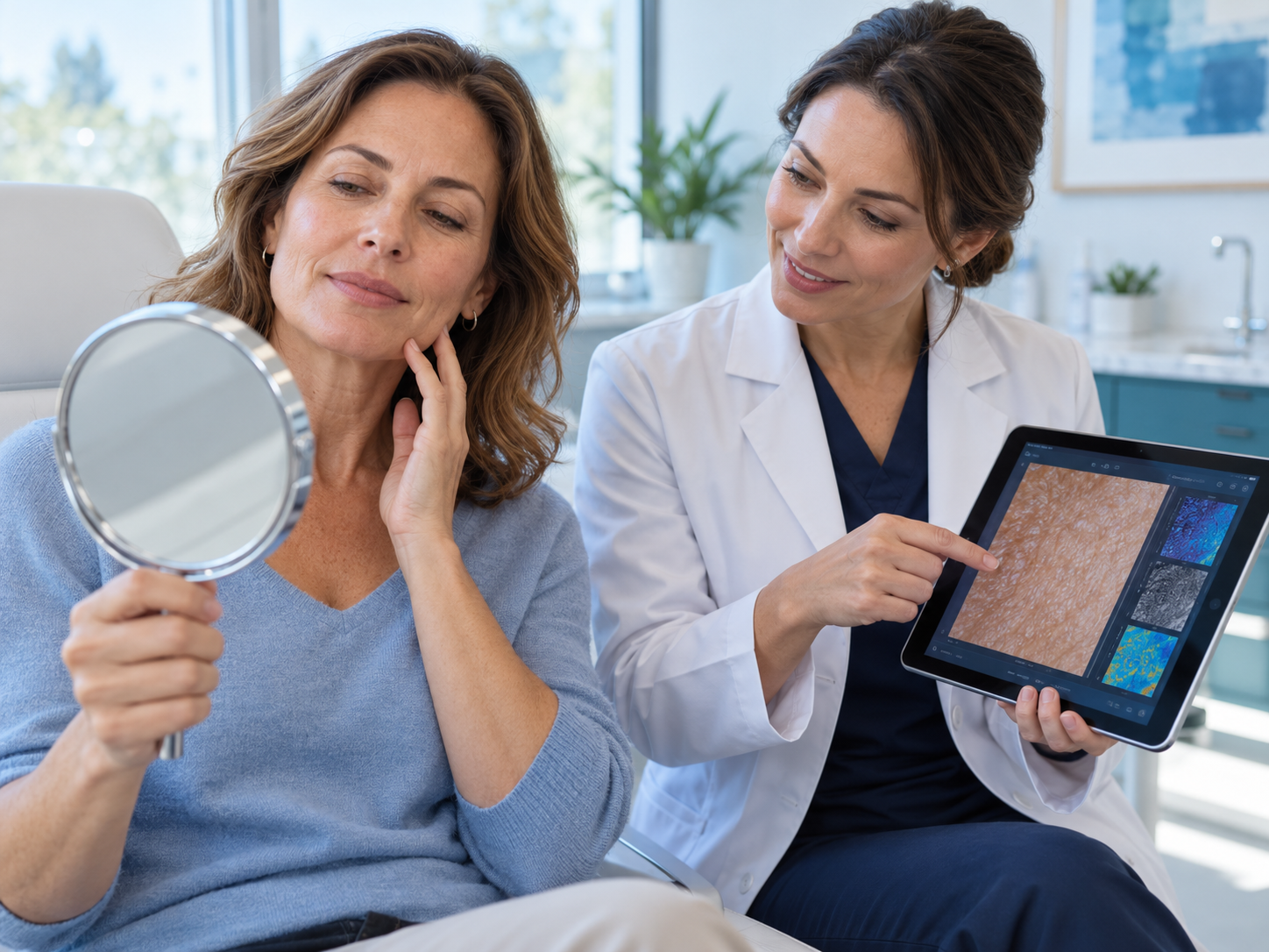 A clinician and woman reviewing skin texture measurements.