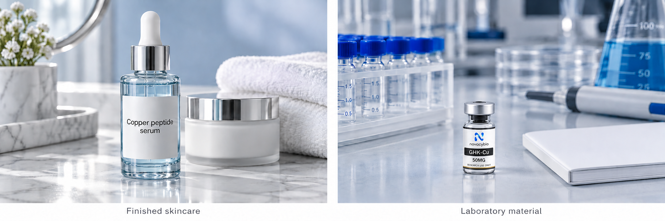 A finished cosmetic serum and GHK-Cu research vial in separate contexts.