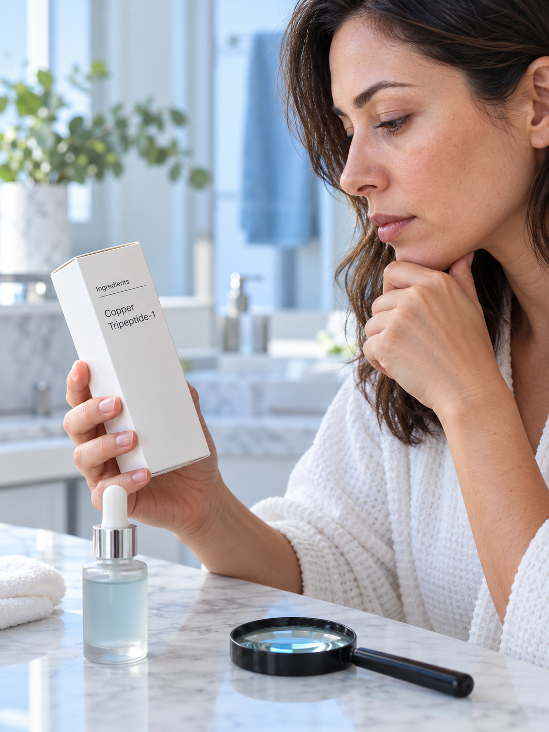 A consumer reading a Copper Tripeptide-1 ingredient label.