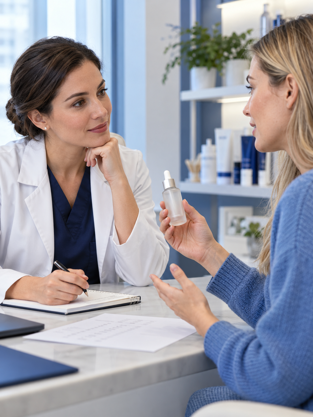 A patient discussing cosmetic product safety with a clinician.
