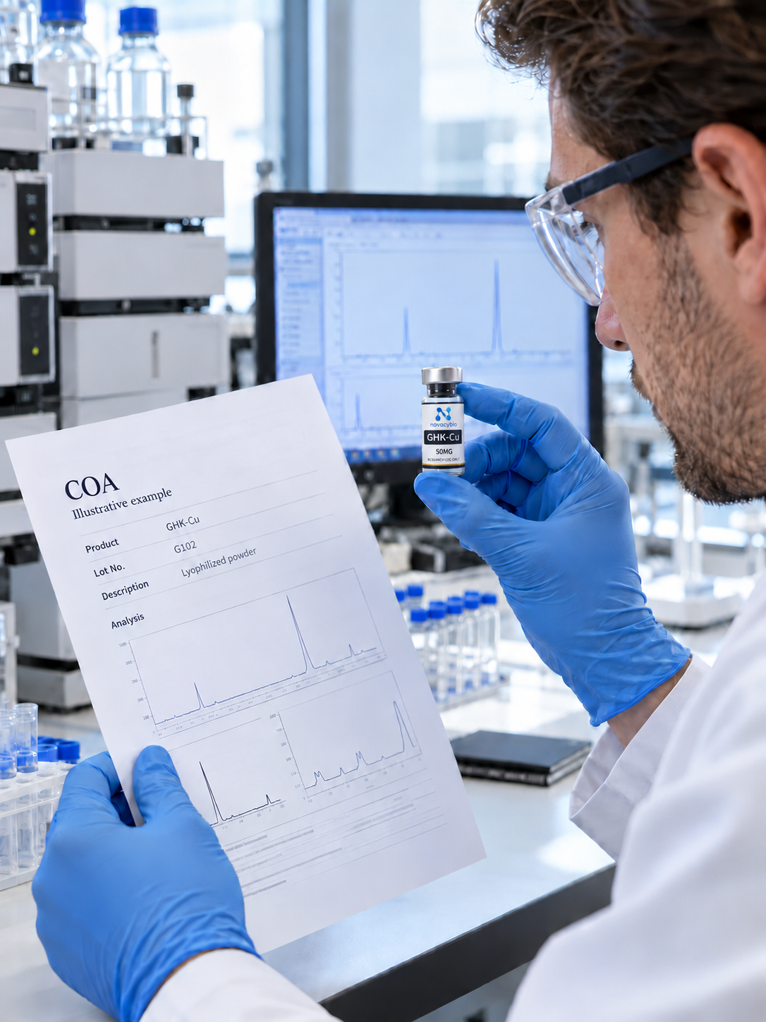 A GHK-Cu research vial beside an illustrative COA document.