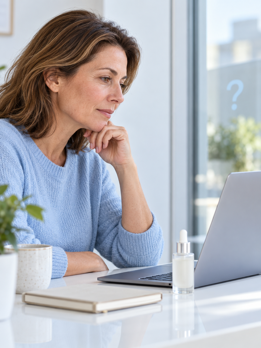 A consumer considering skincare evidence and questions.