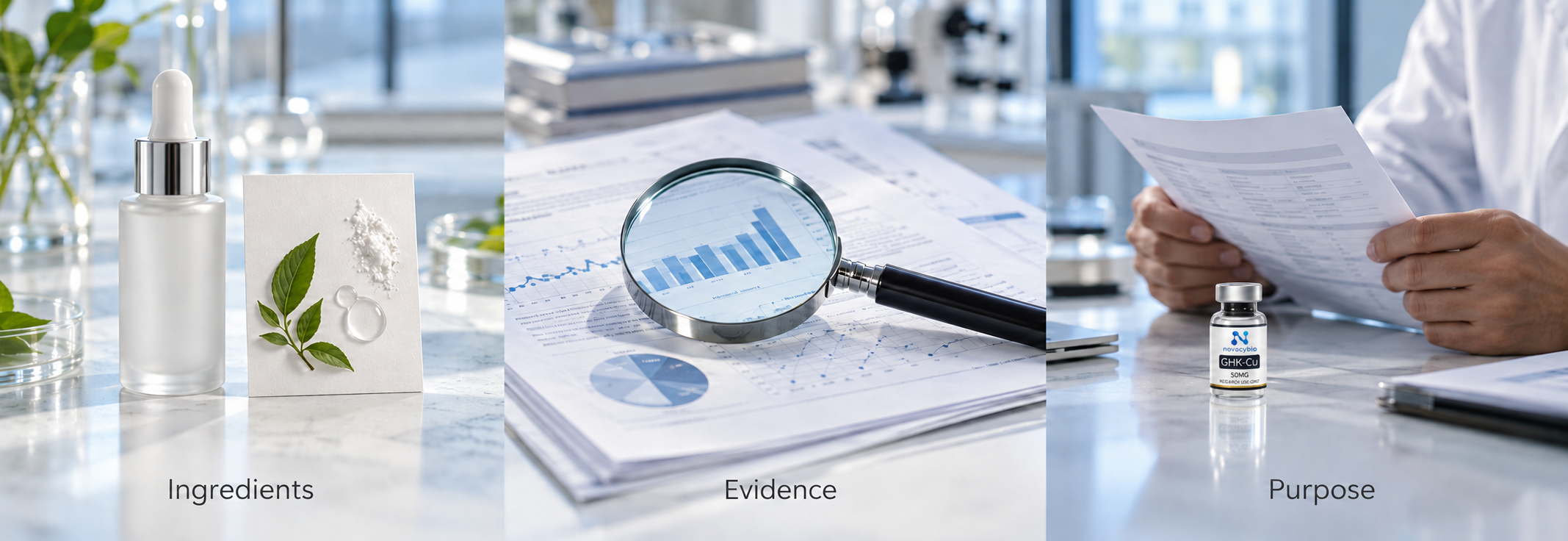 Ingredients, evidence and purpose as separate evaluation questions.