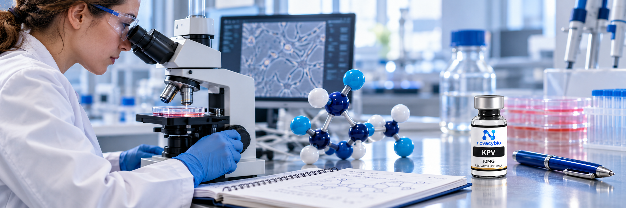 KPV research vial labeled 10MG beside laboratory equipment and a peptide model.