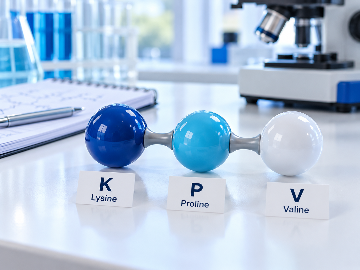 Three connected teaching beads representing lysine, proline and valine in sequence.