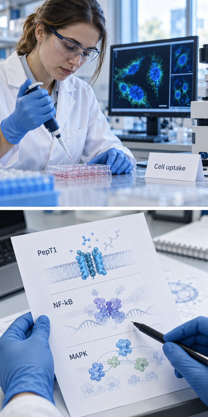 Laboratory cell uptake and inflammatory signaling research, shown as illustrative scenes.