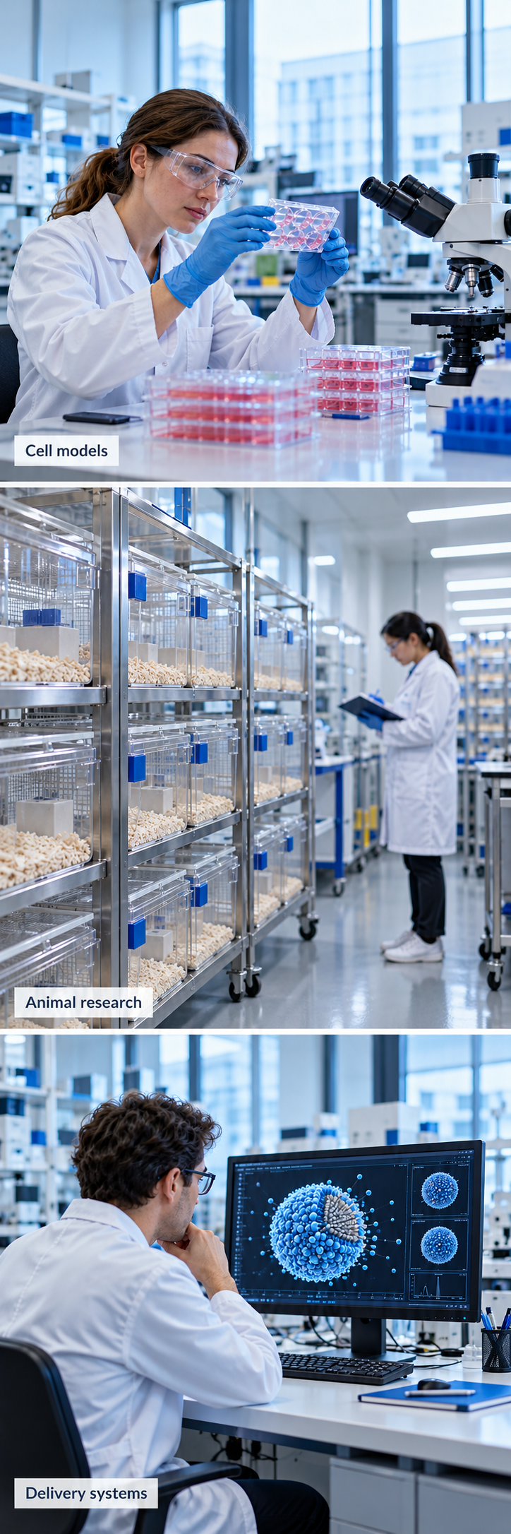 Cell models, animal research housing and nanoparticle delivery research in separate laboratory scenes.
