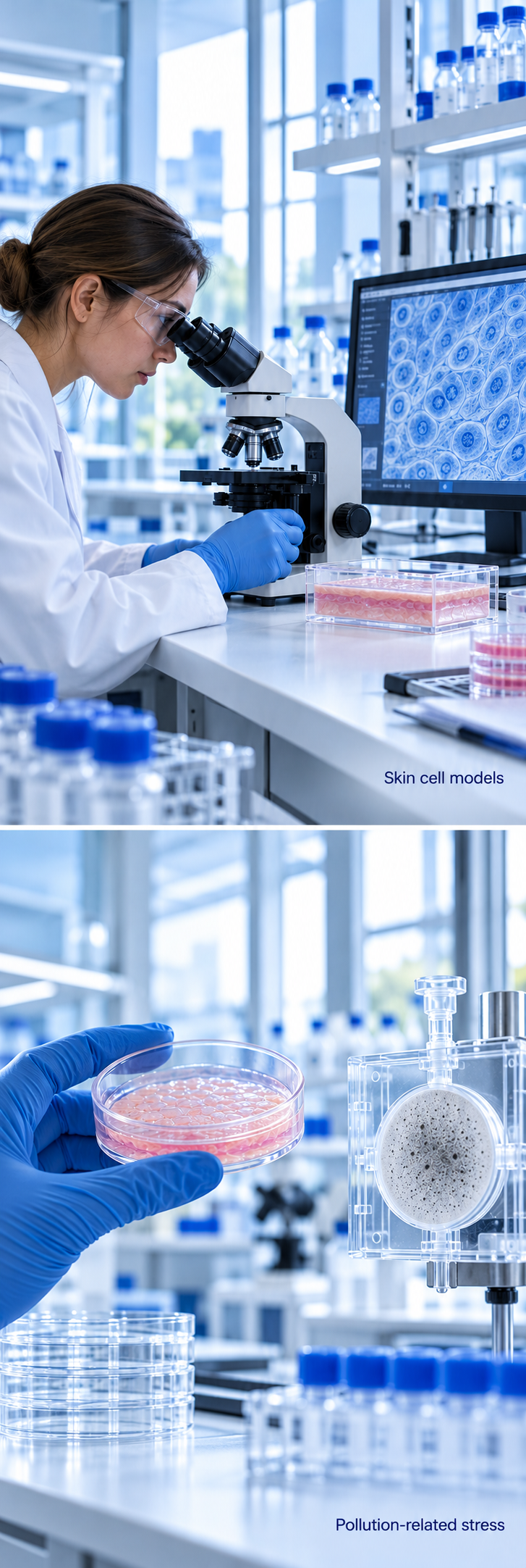 Cultured skin cells and particulate-pollution laboratory research.
