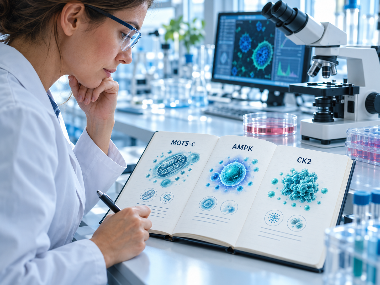 A scientist reviewing MOTS-c, AMPK and CK2 research topics.