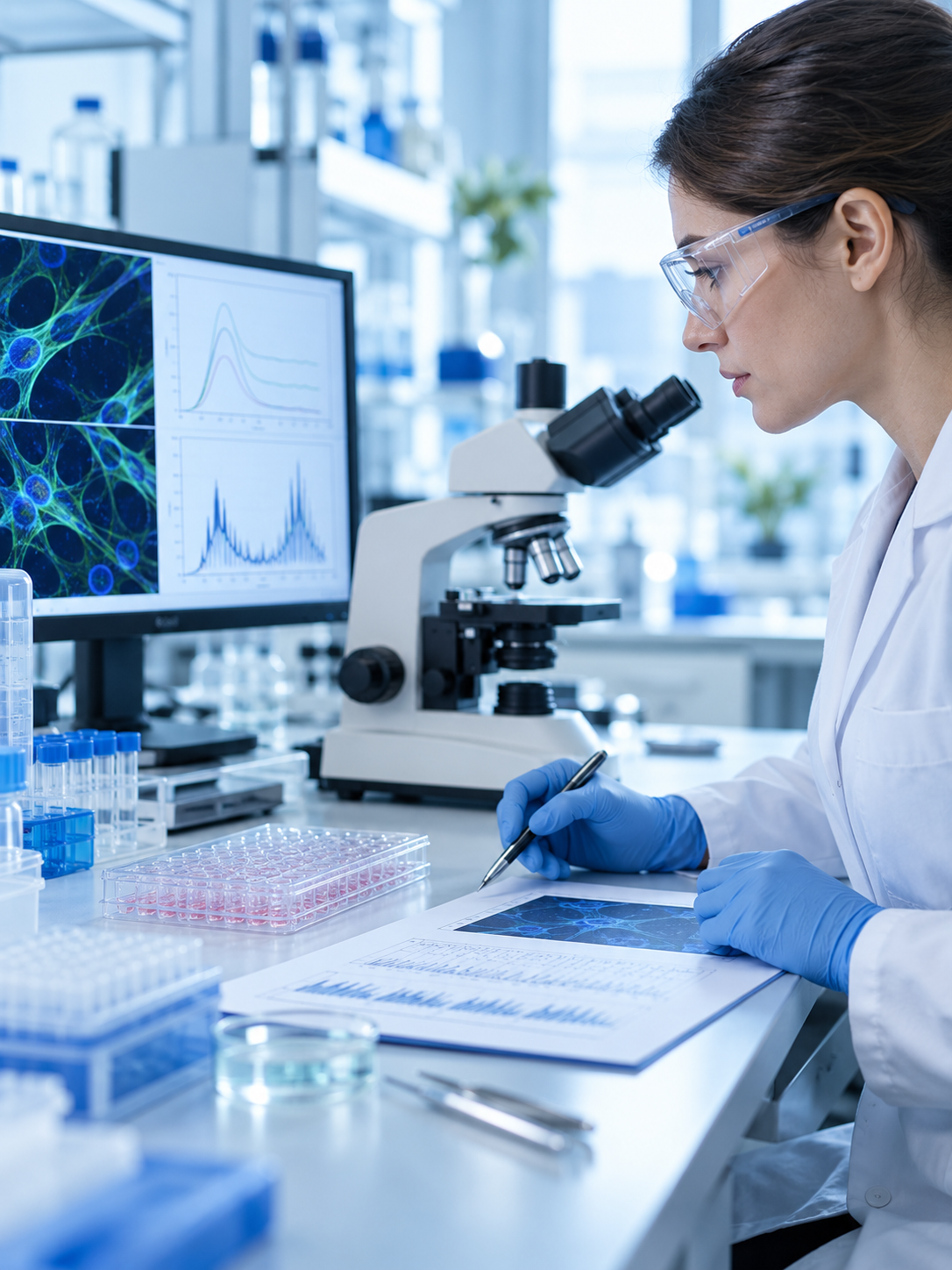 A researcher studying cell glucose uptake in a laboratory.