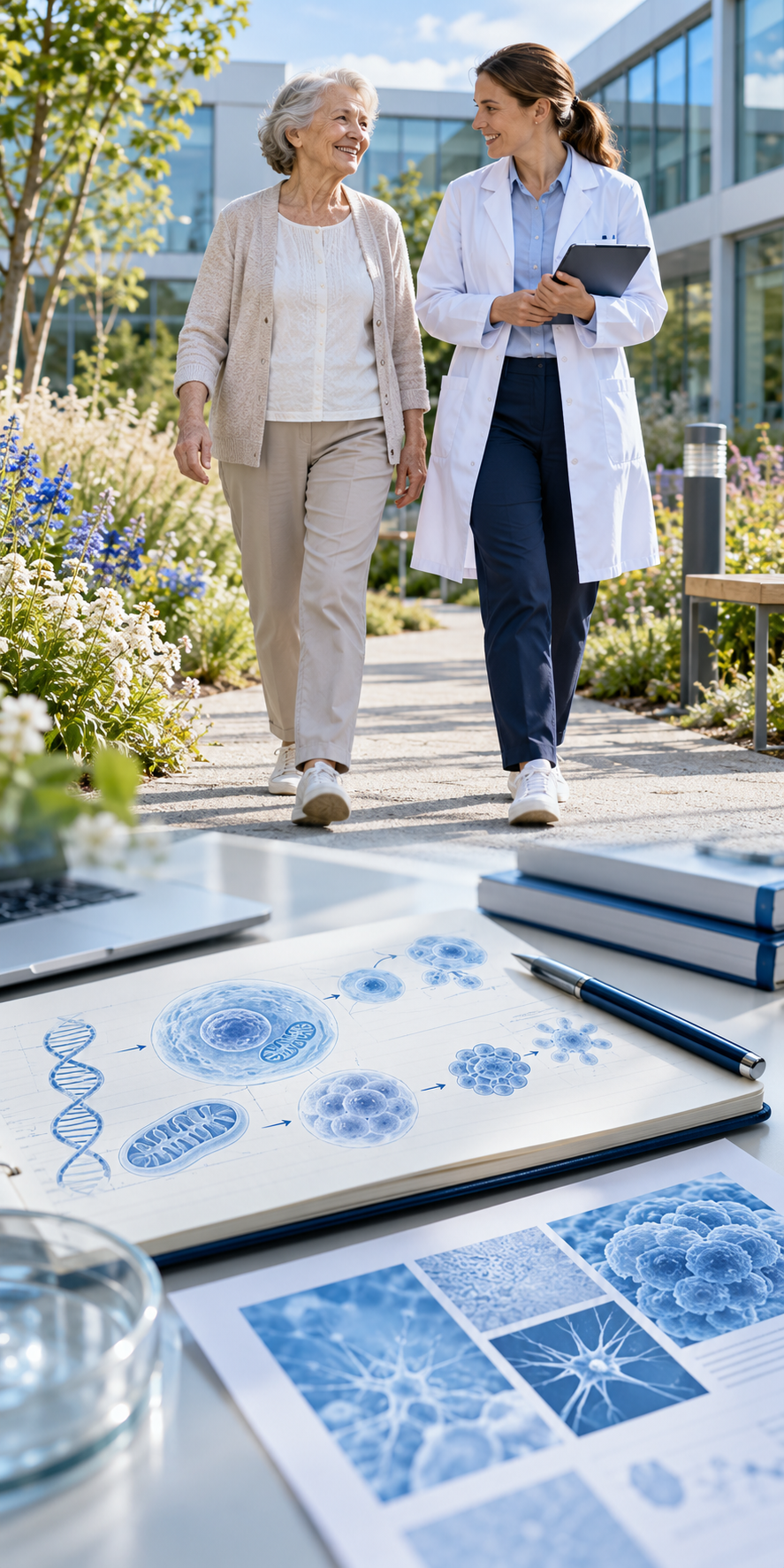 An older adult walking and research documents about physical function.