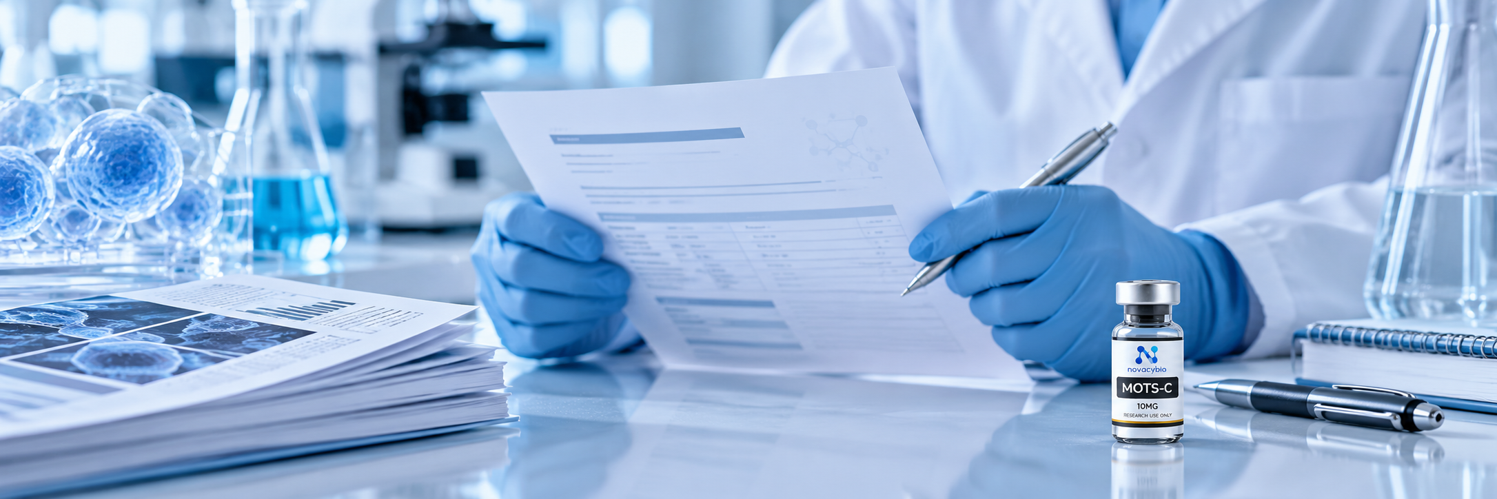MOTS-c research material and product specifications in a laboratory.