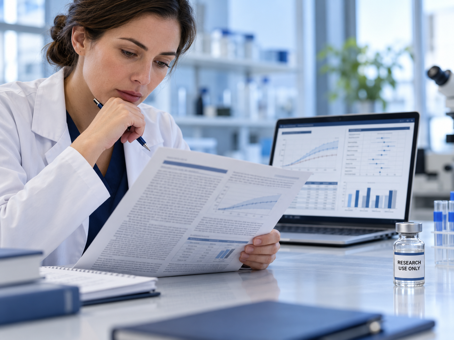 A researcher reviewing trial evidence, separate from a research-use vial.