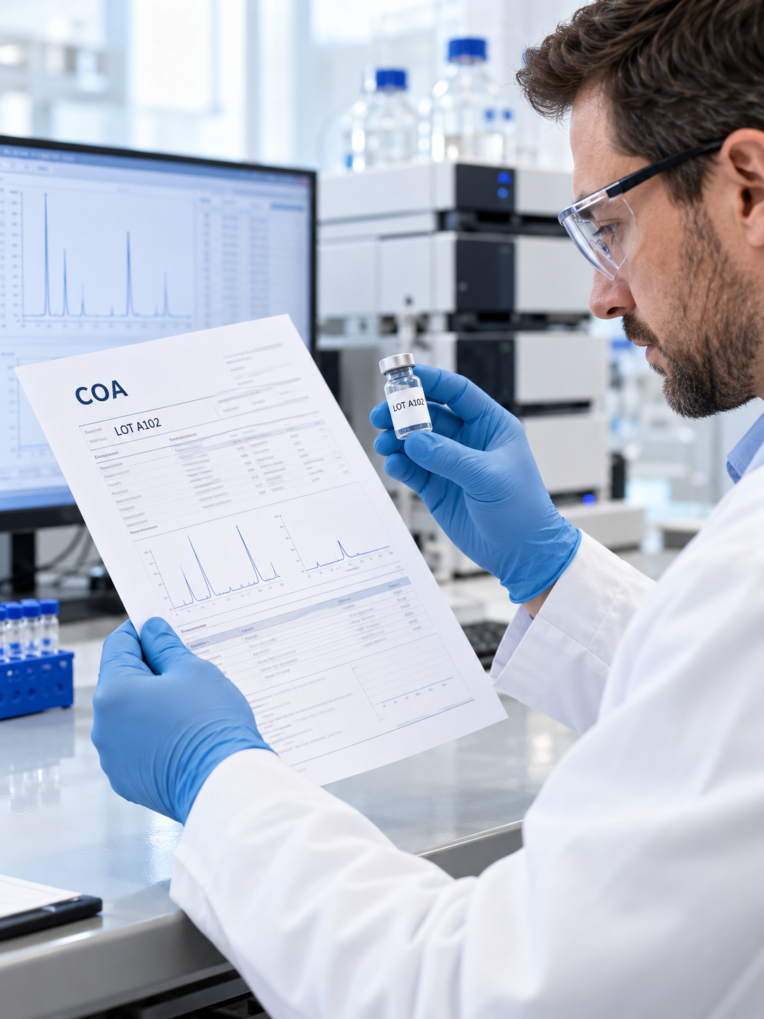 A scientist matching the COA lot number A102 to the vial lot number.